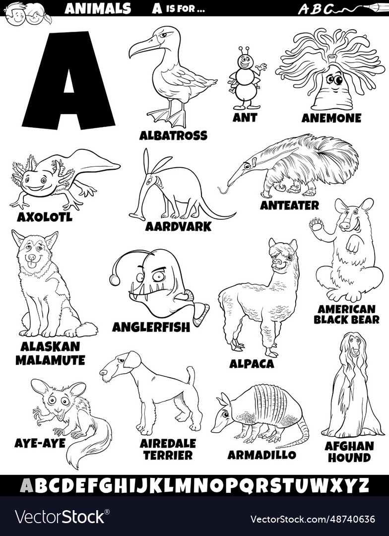 Educational Alphabet Set With Cartoon Animals Vector Image