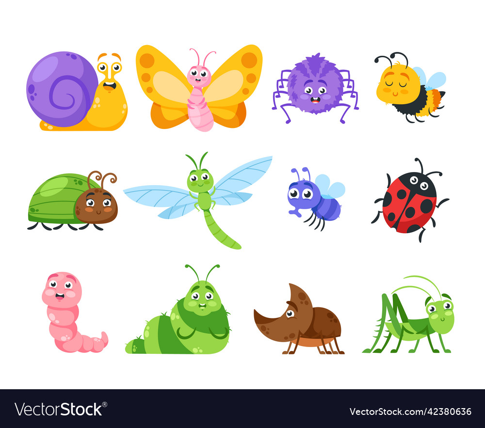 Set of cute insects cartoon characters isolated Vector Image