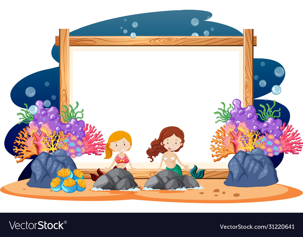 Border template design with mermaids swimming Vector Image