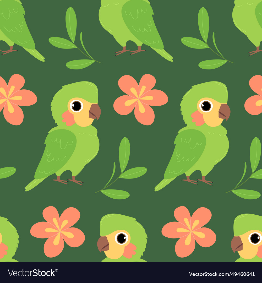 Seamless pattern with cute green parrot Royalty Free Vector