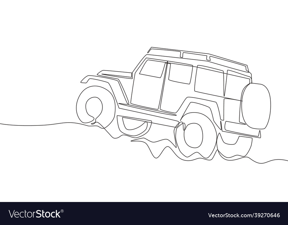 Single line drawing of tough 4x4 speed jeep Vector Image