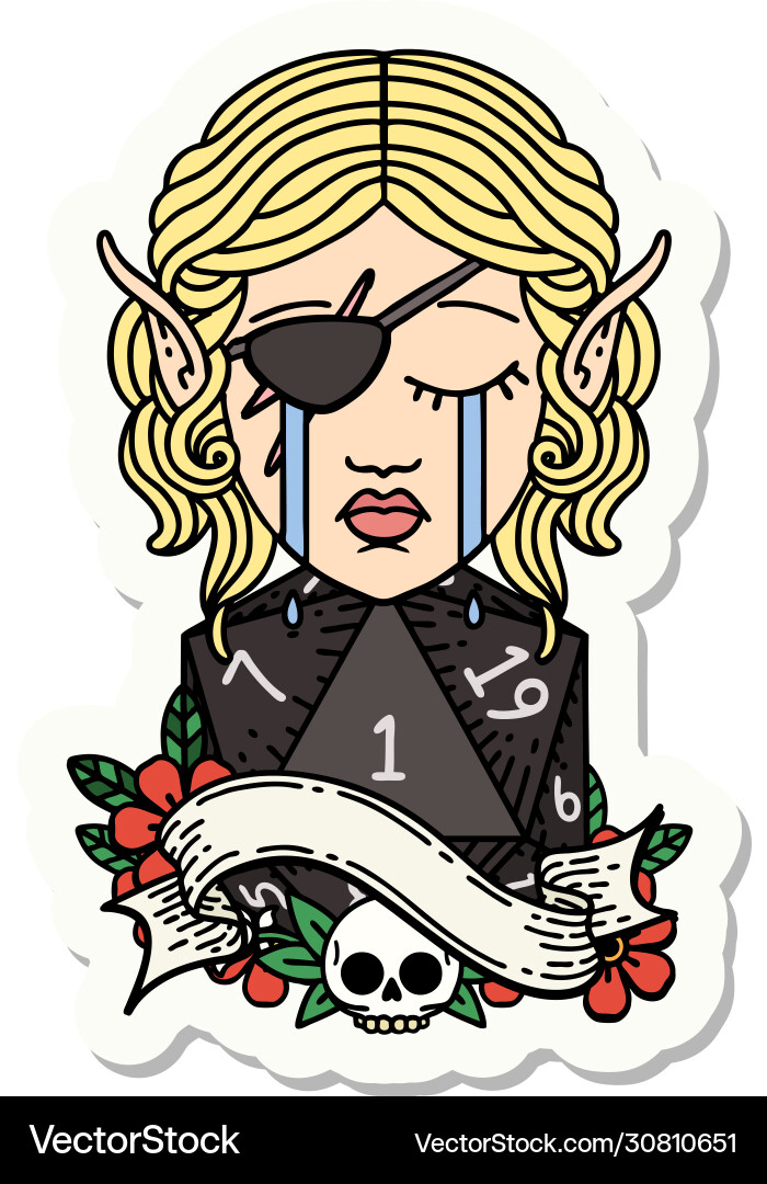 Sad elf rogue character face with natural one d20 Vector Image