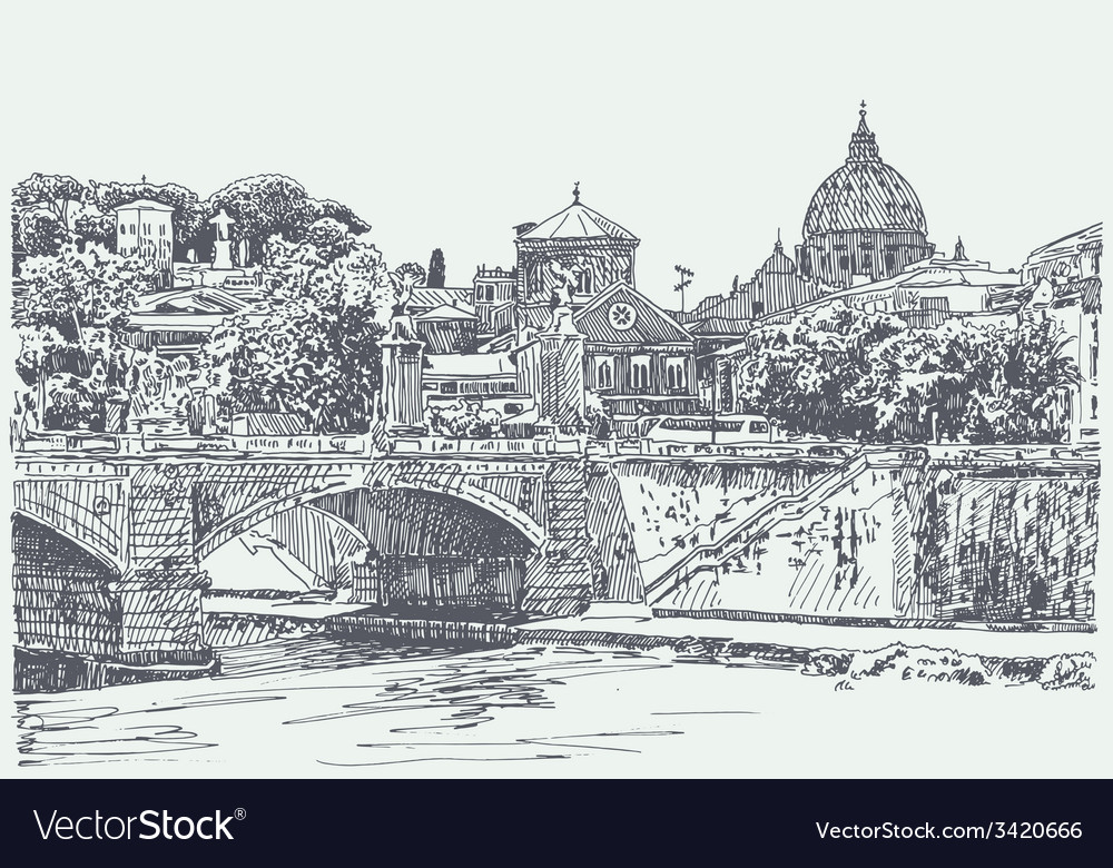 Original sketch drawing of rome italy cityscape