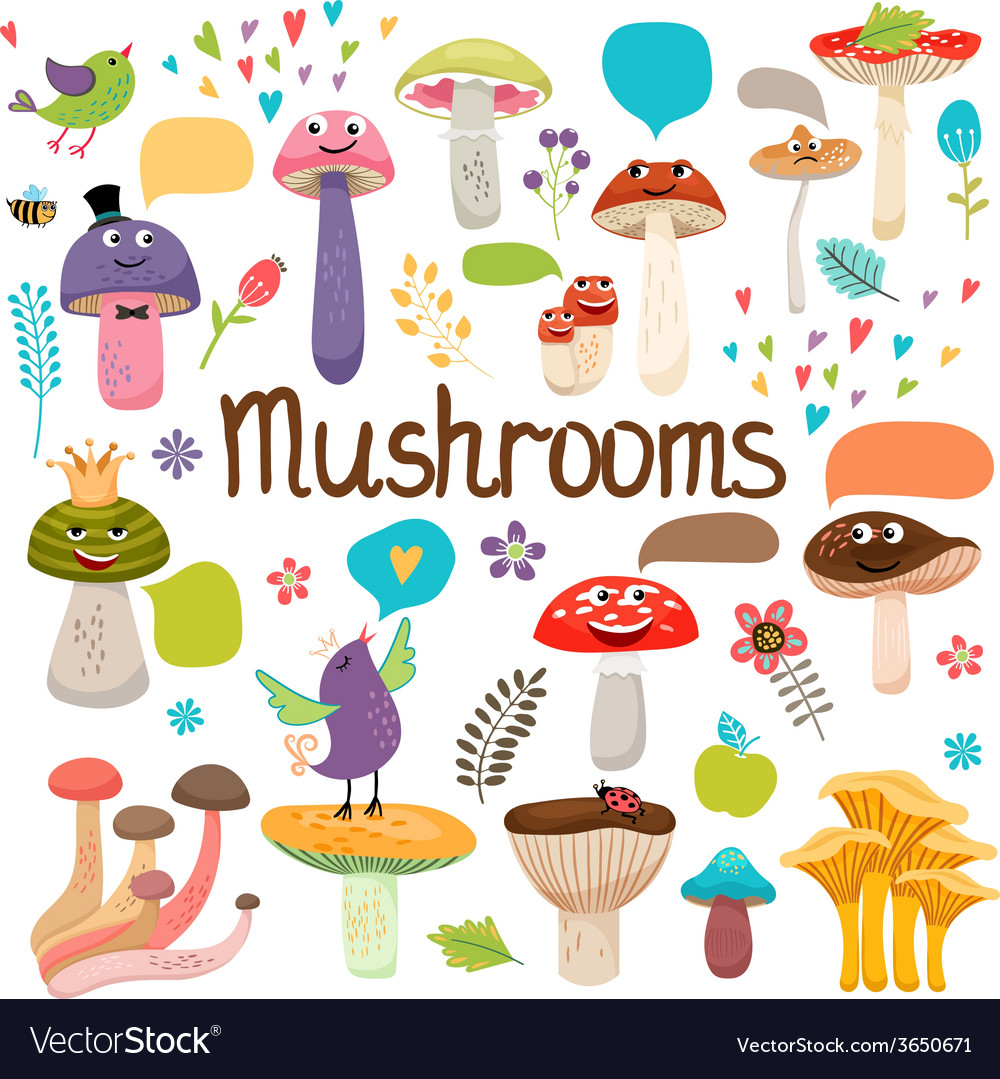 Cute cartoon mushrooms with faces Royalty Free Vector Image