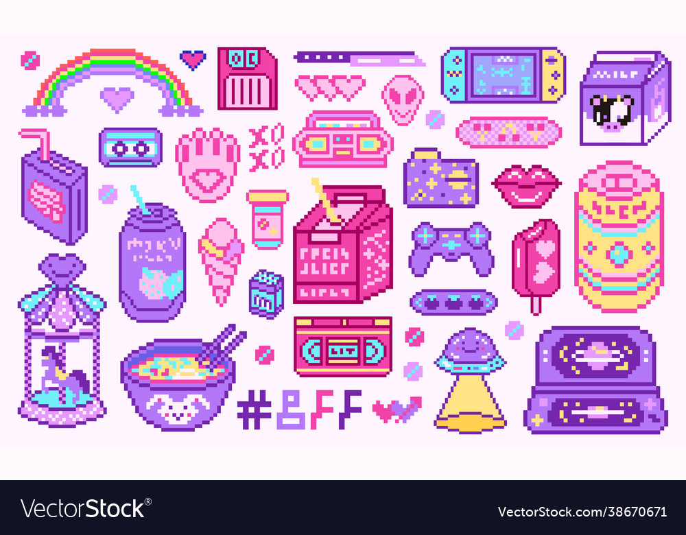 Pixel art 8 bit objects retro digital game assets Vector Image