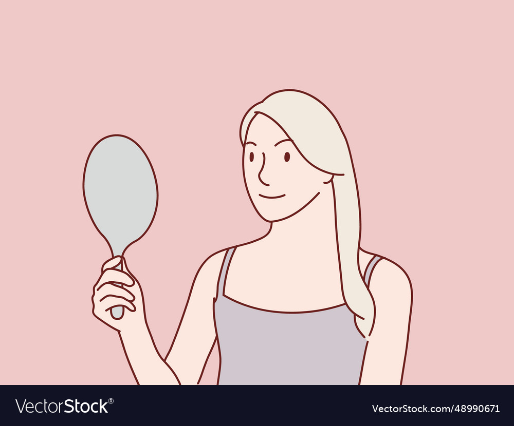 Woman holding mirror on her hand looking face Vector Image