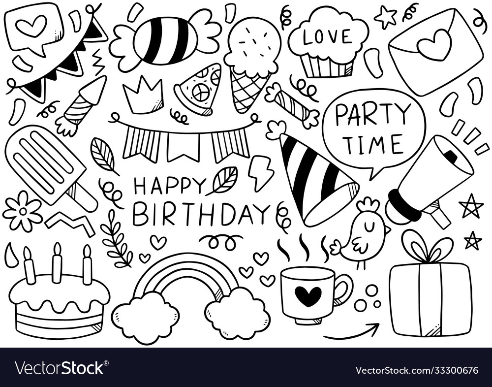 0013 hand drawn party doodle happy birthday Vector Image