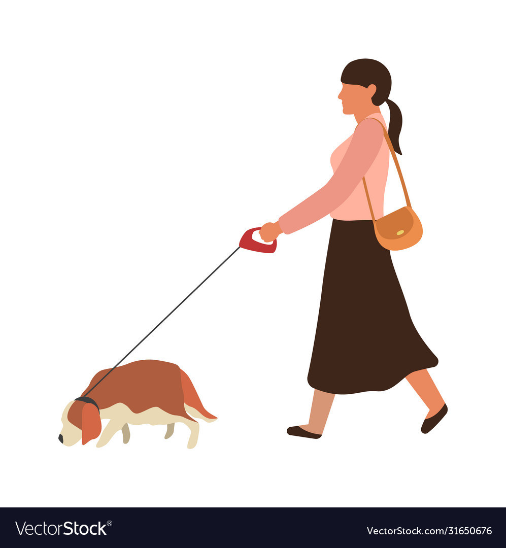 Woman walking a dog young girl goes Royalty Free Vector