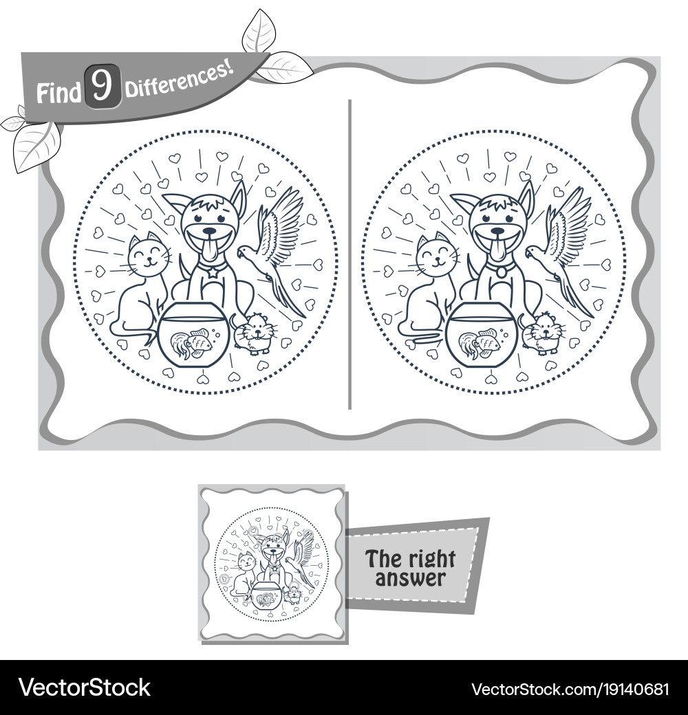 Find 9 differences game 5 pets Royalty Free Vector Image