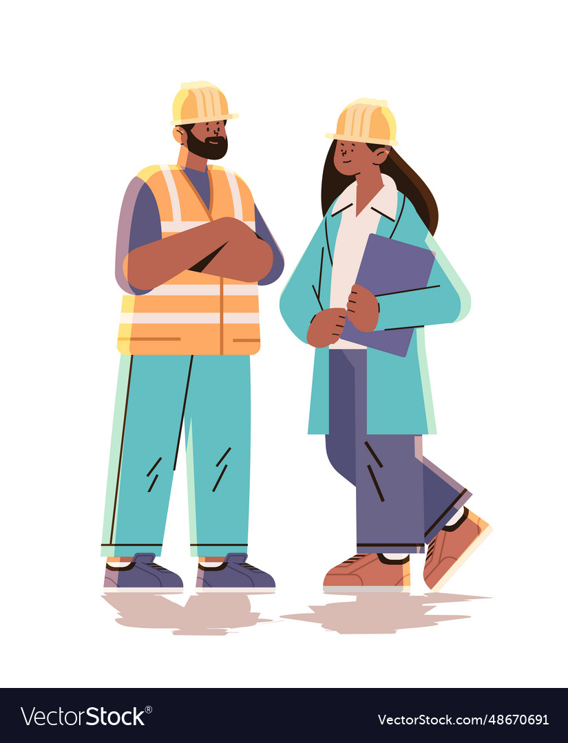 Architect and engineer in uniform discussing Vector Image