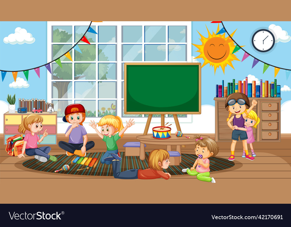 Scene of classroom with children playing Vector Image