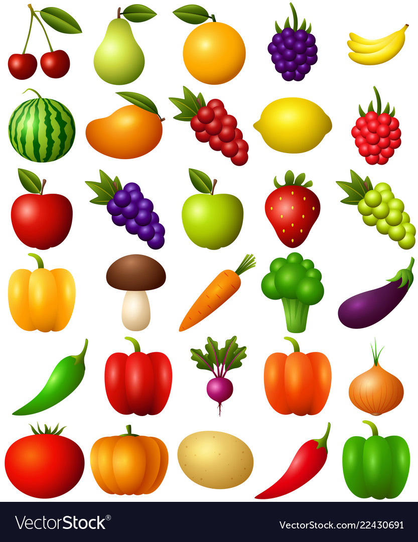 Set of fruits and vegetables isolated on white bac