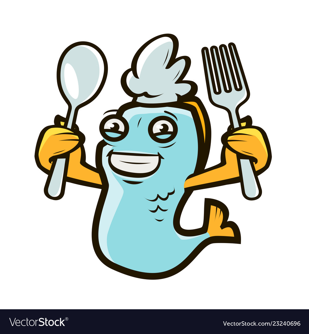 Happy fish holding spoon and fork seafood label Vector Image