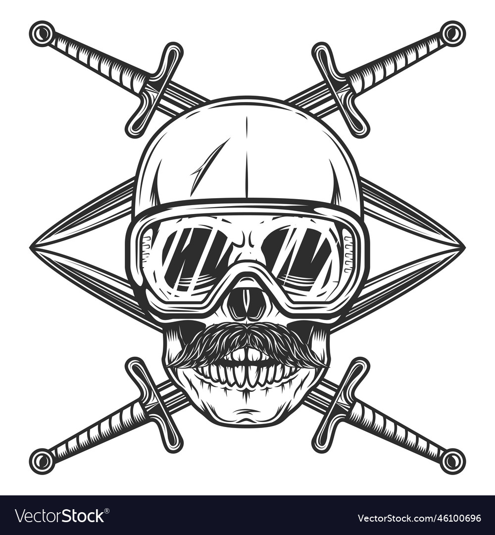 Skull with mustache in safety glasses and sword Vector Image