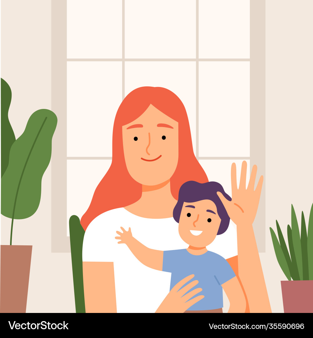 Young mom and her kid communicating online from Vector Image