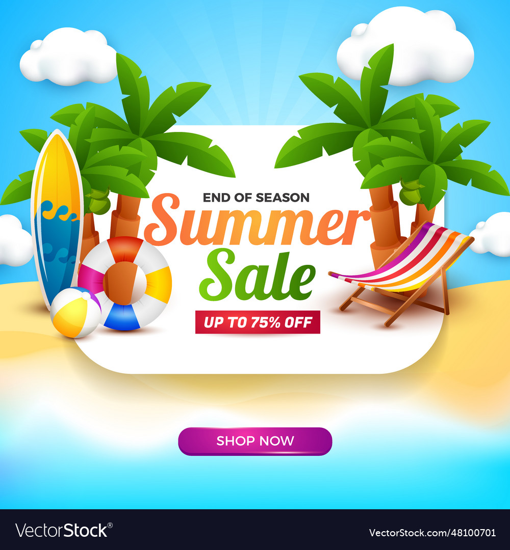 Summer sale banner with white board and 3d Vector Image