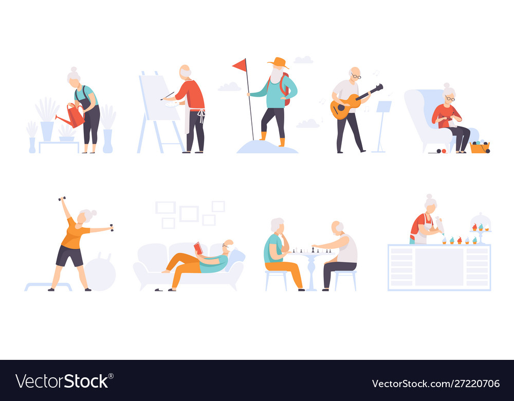 Elderly people enjoying various hobbies senior Vector Image