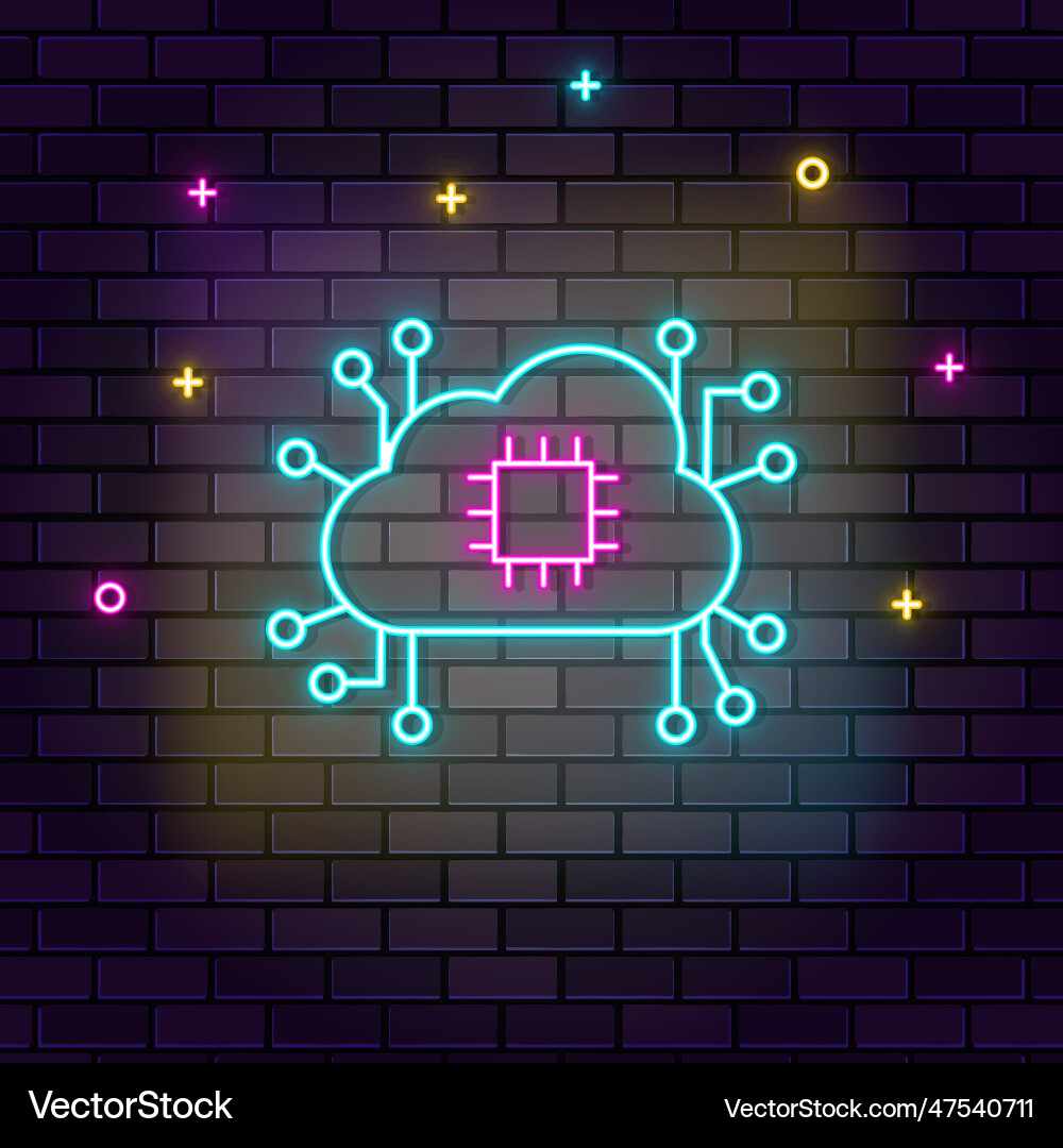 Brain processor cloud network icon neon Royalty Free Vector
