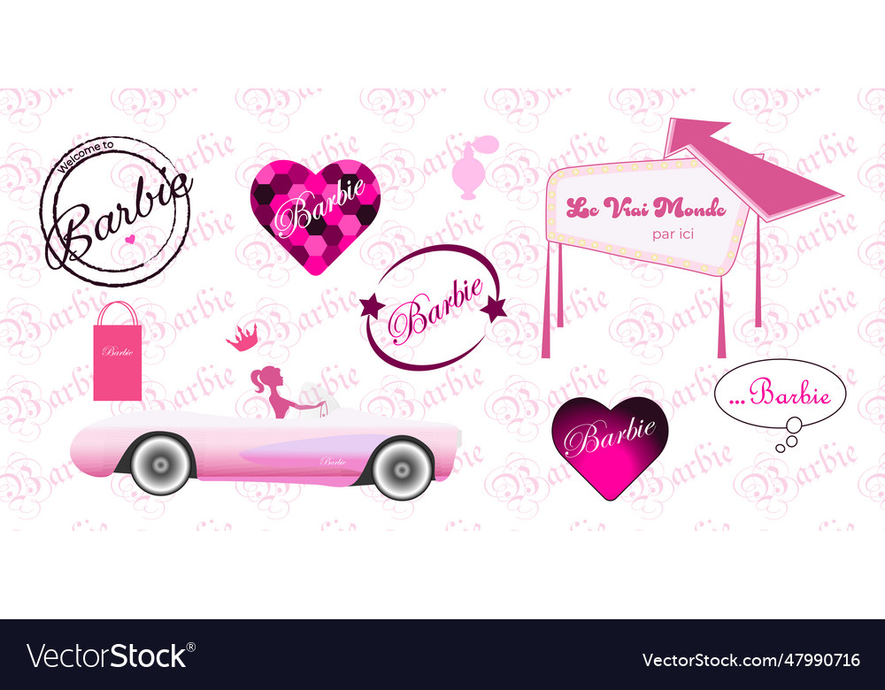 Set of barbie in the car on background Royalty Free Vector