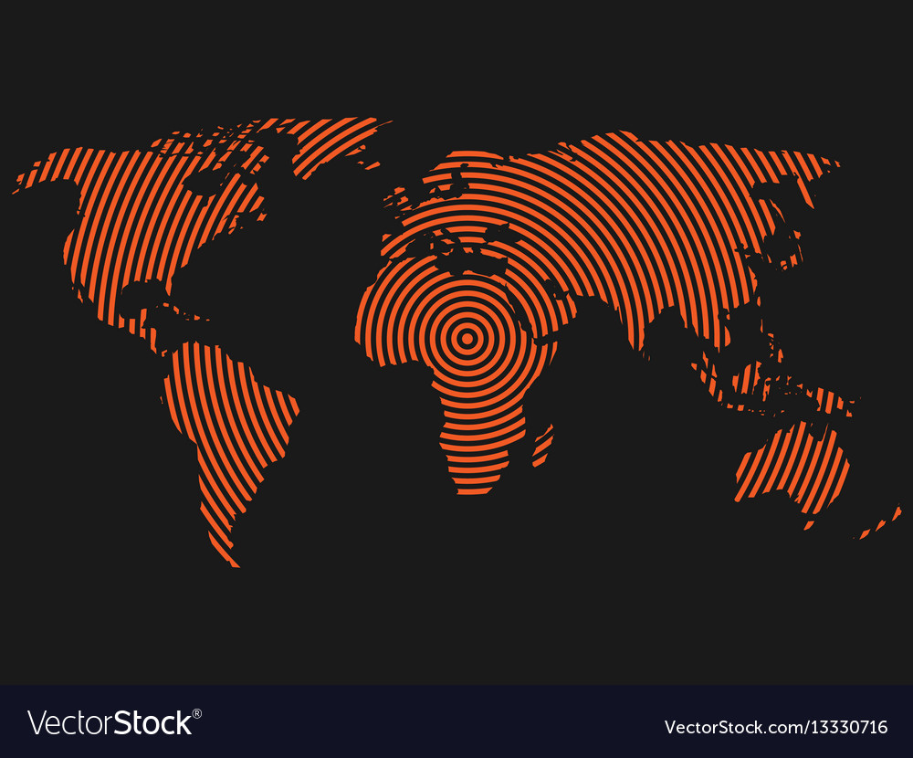 world map of orange concentric rings on dark grey vector image