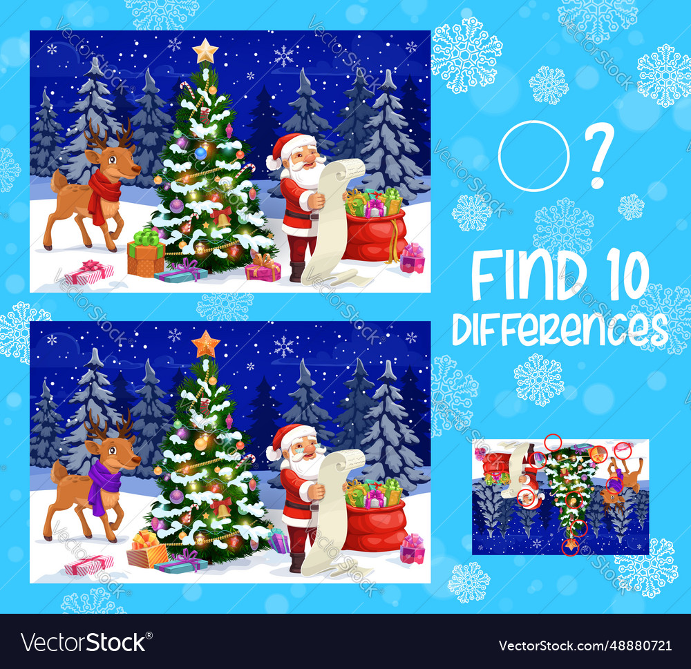 Find ten differences christmas game worksheet Vector Image