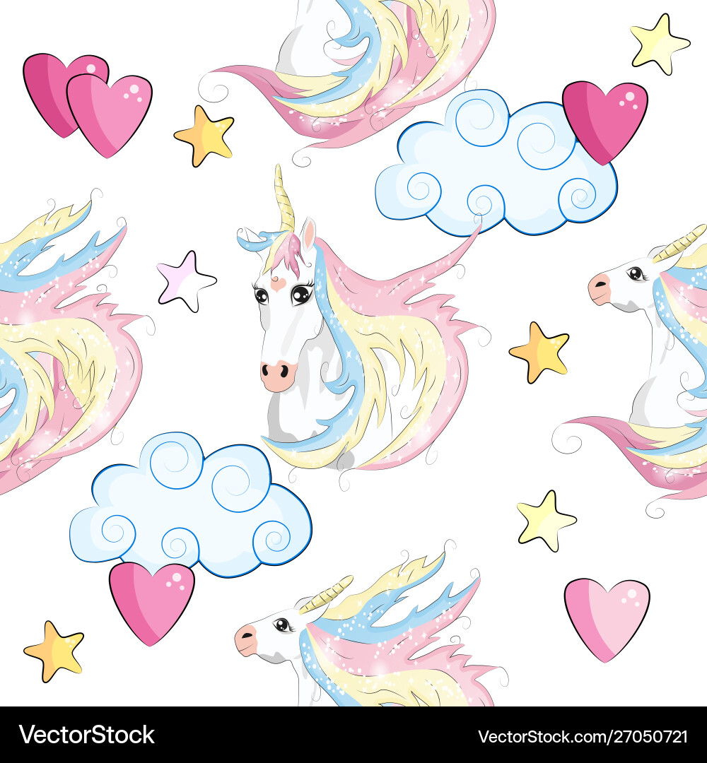 Seamless pattern with unicorns stars clouds Vector Image