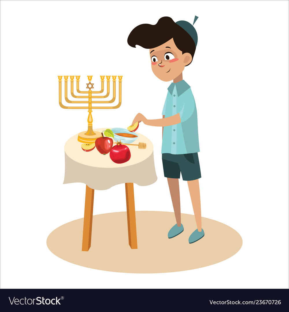 Little boy in yarmulke eat apple with honey Vector Image
