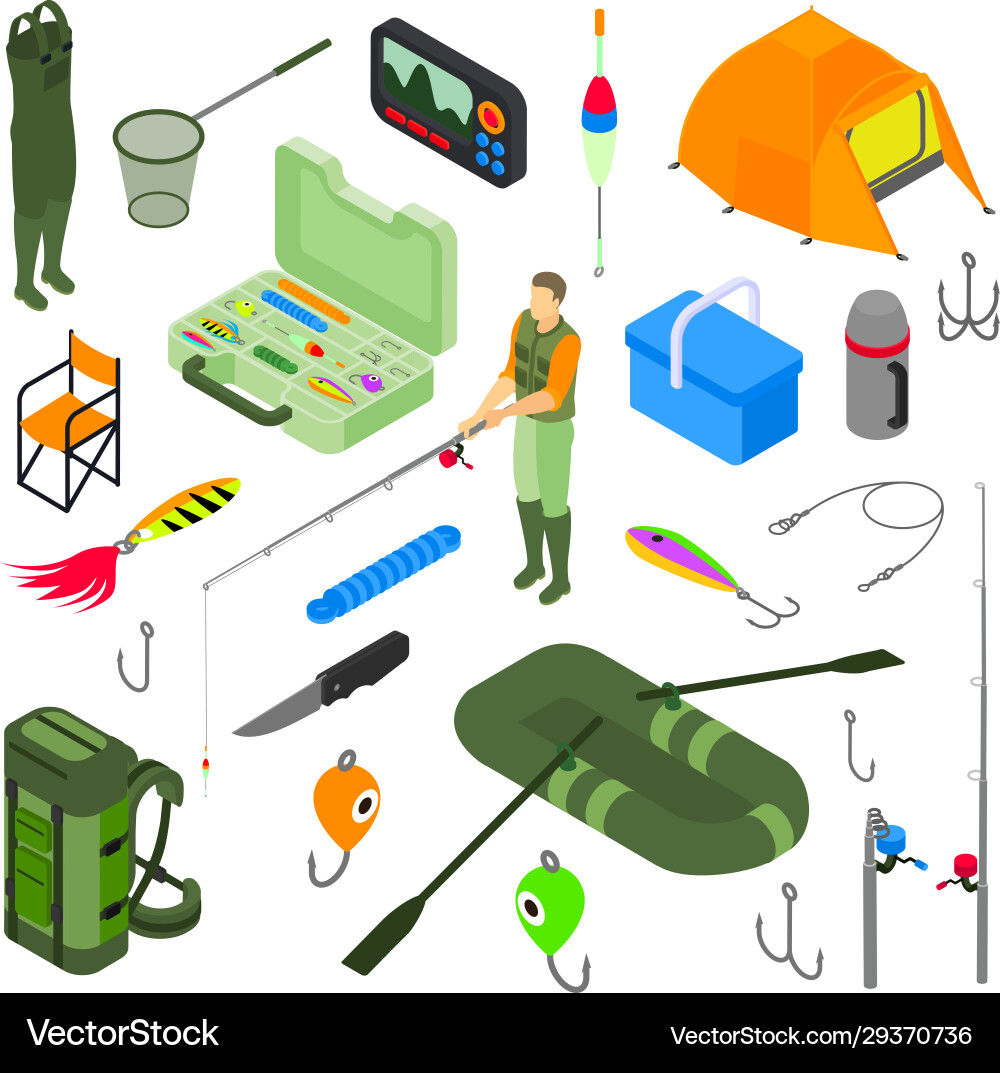 Fishing isometric activity set Royalty Free Vector Image