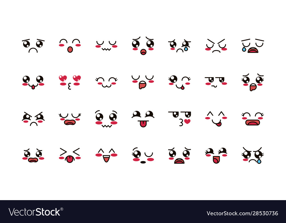 Kawaii cute face expressions eyes and mouth icons Vector Image