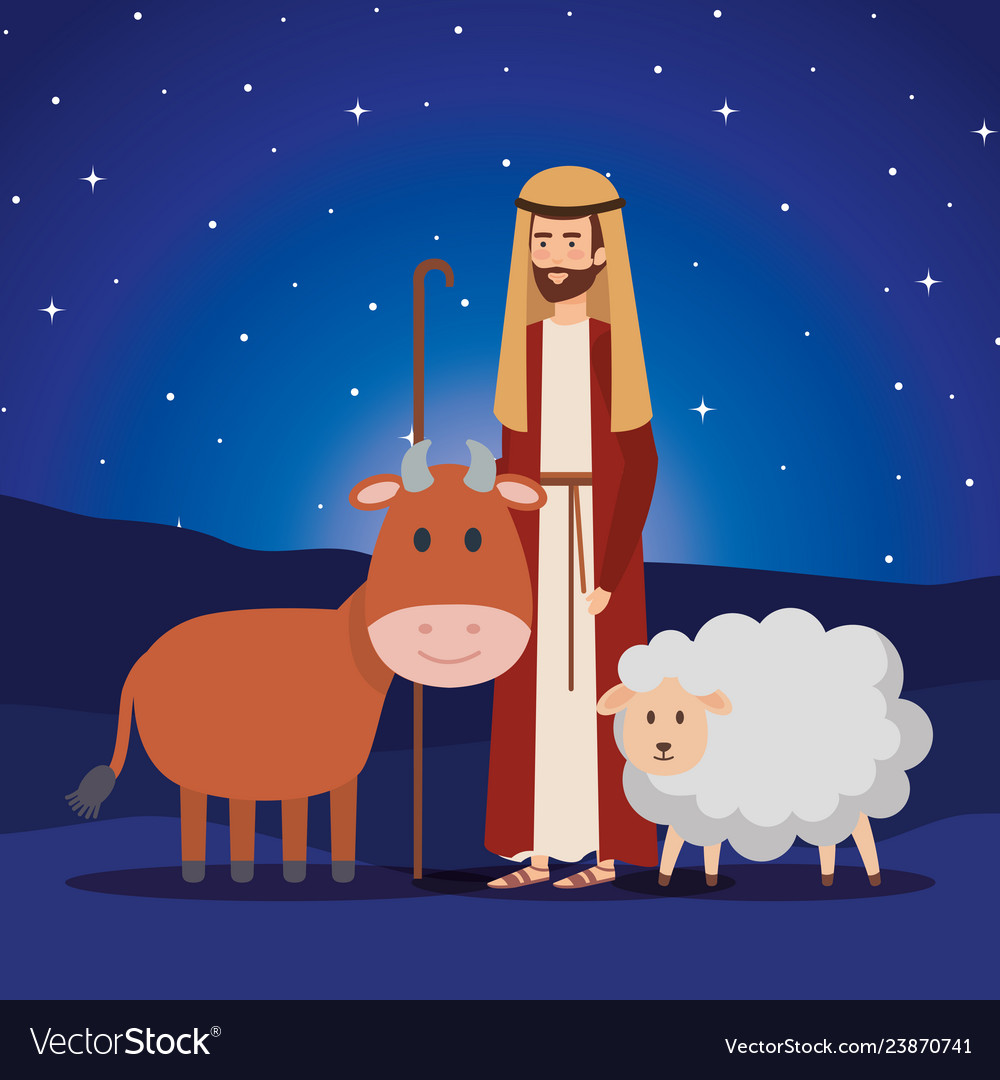 Saint joseph with ox and sheep on night Royalty Free Vector