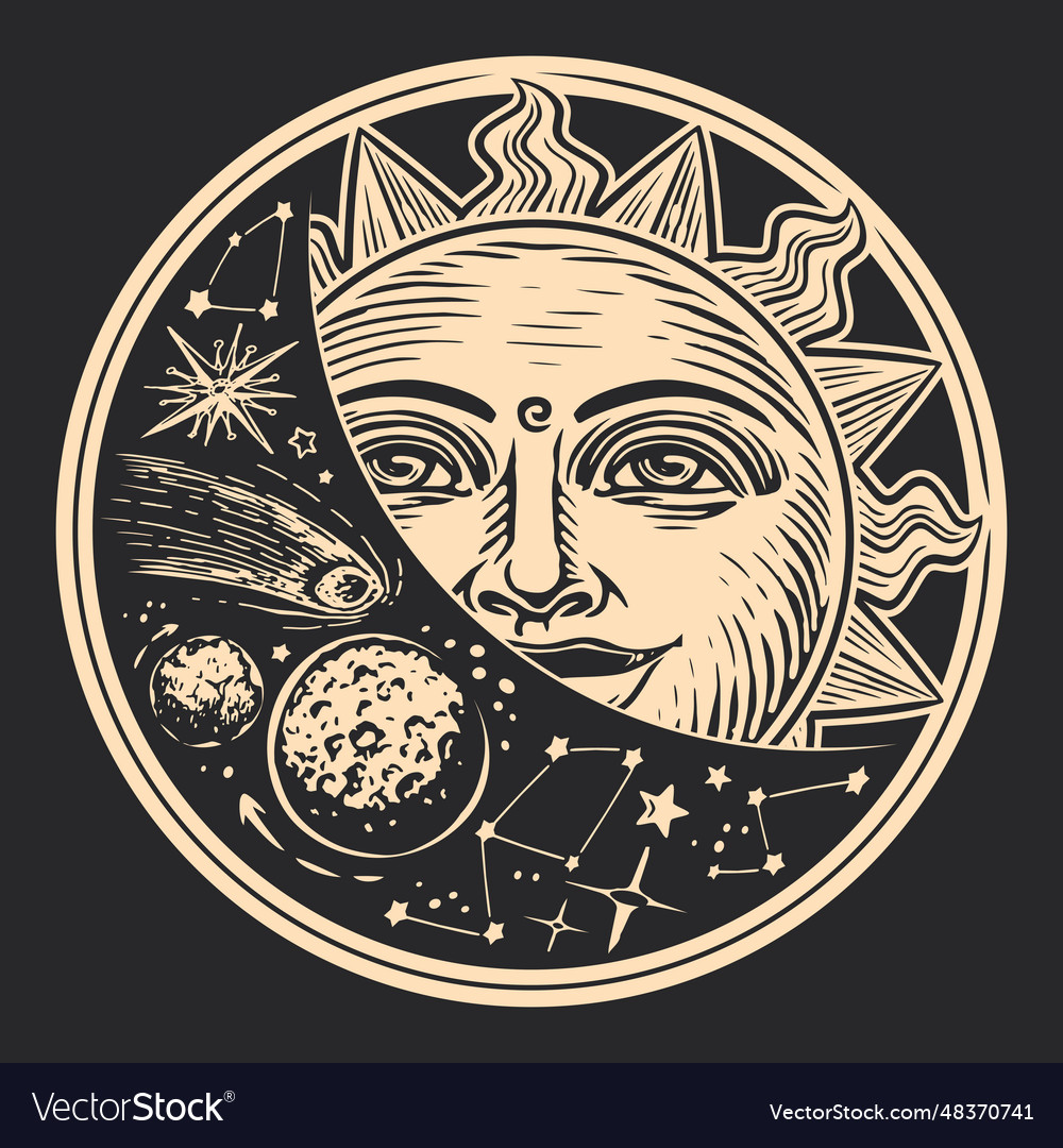 Sun and stars in space astrology concept in Vector Image