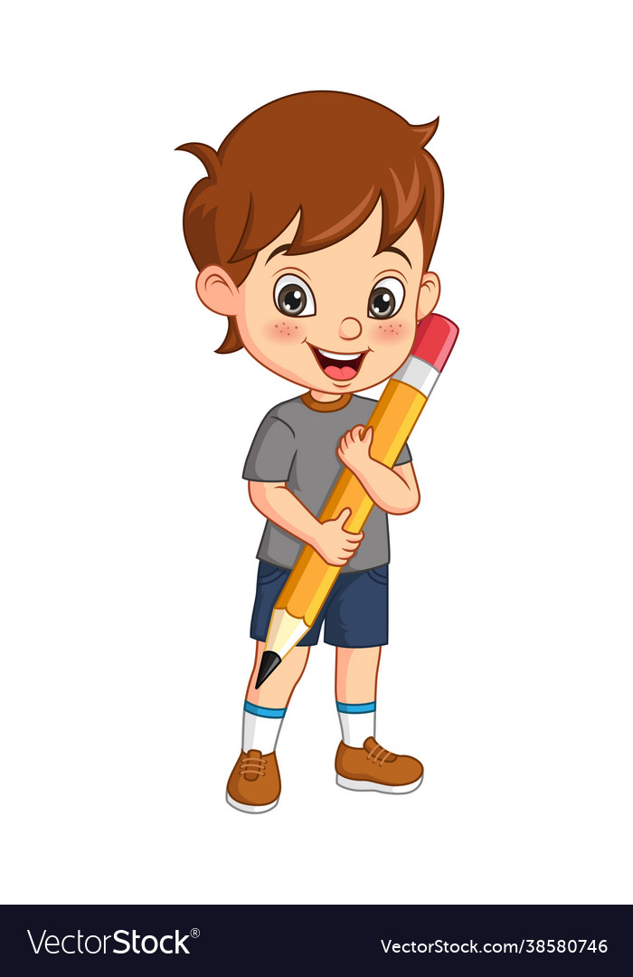 Cartoon cute little boy holding big pencil Vector Image