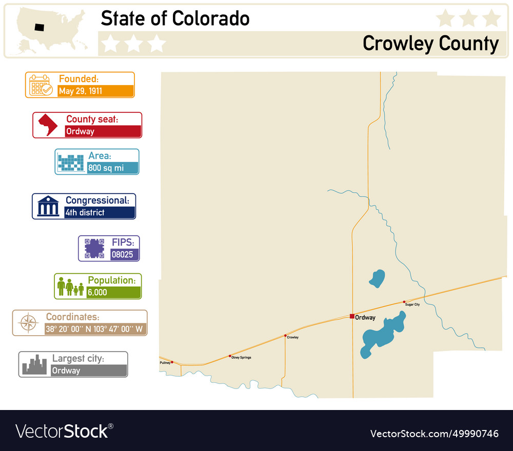 Detailed infographic and map of crowley county in Vector Image
