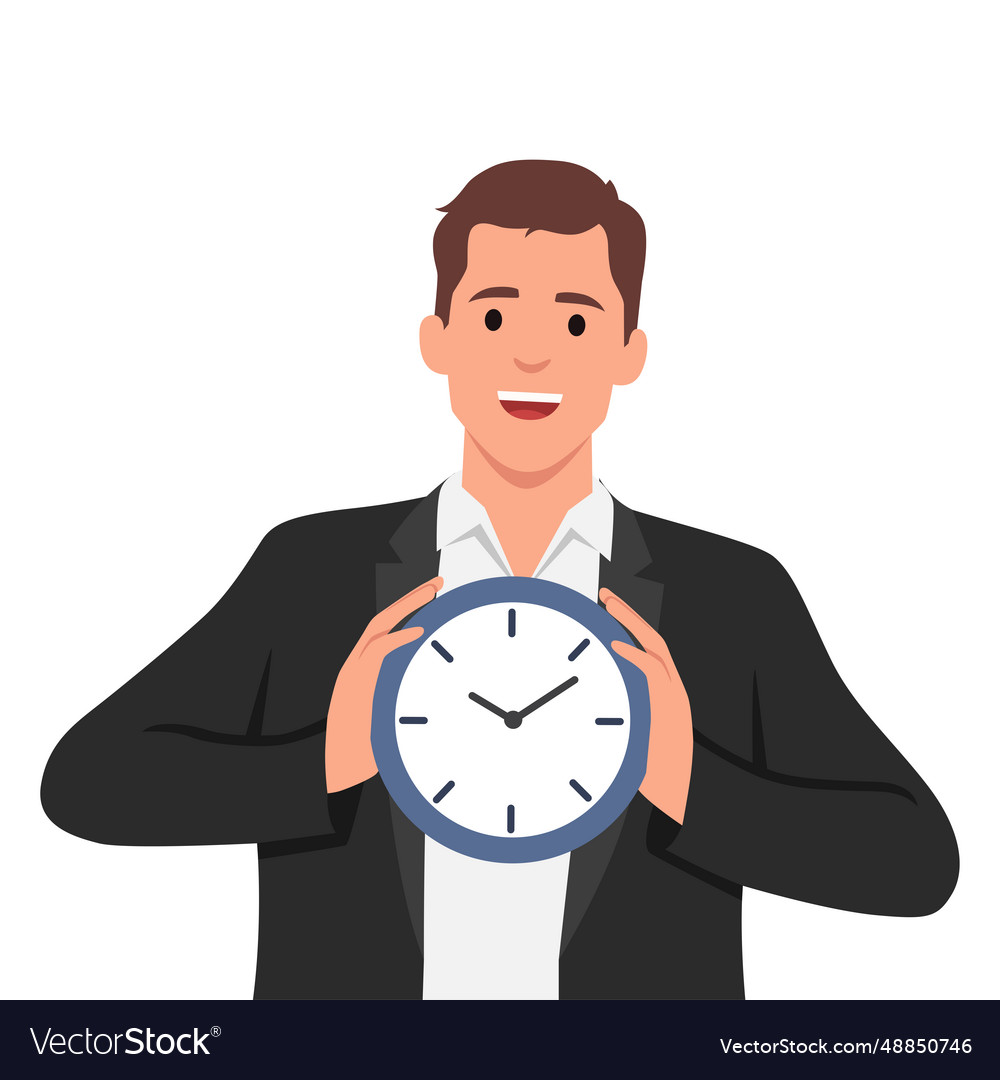 Young businessman holding a clock time management Vector Image