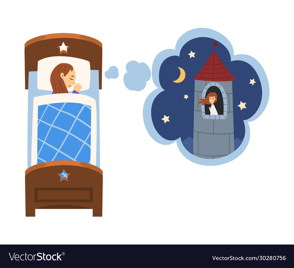 Cute girl sleeping in bed and dreaming about Vector Image