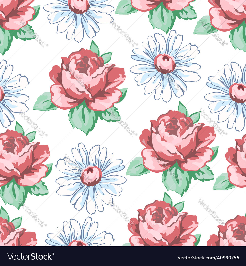 Rose and chamomile flower hand drawing seamless Vector Image