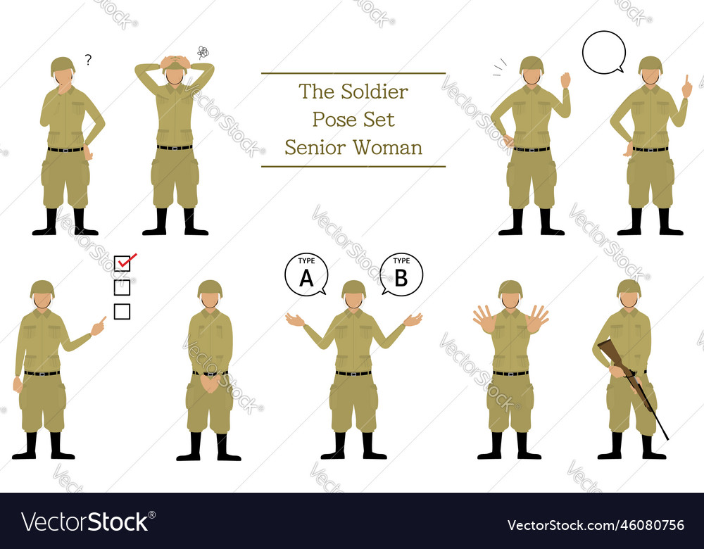 Senior female soldier pose set questioning Vector Image