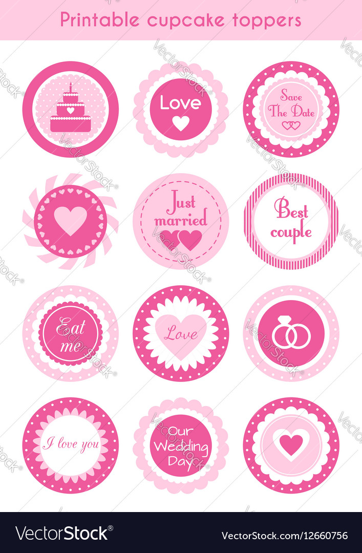 Set Pink Cupcake Toppers Labels For Wedding Vector Image