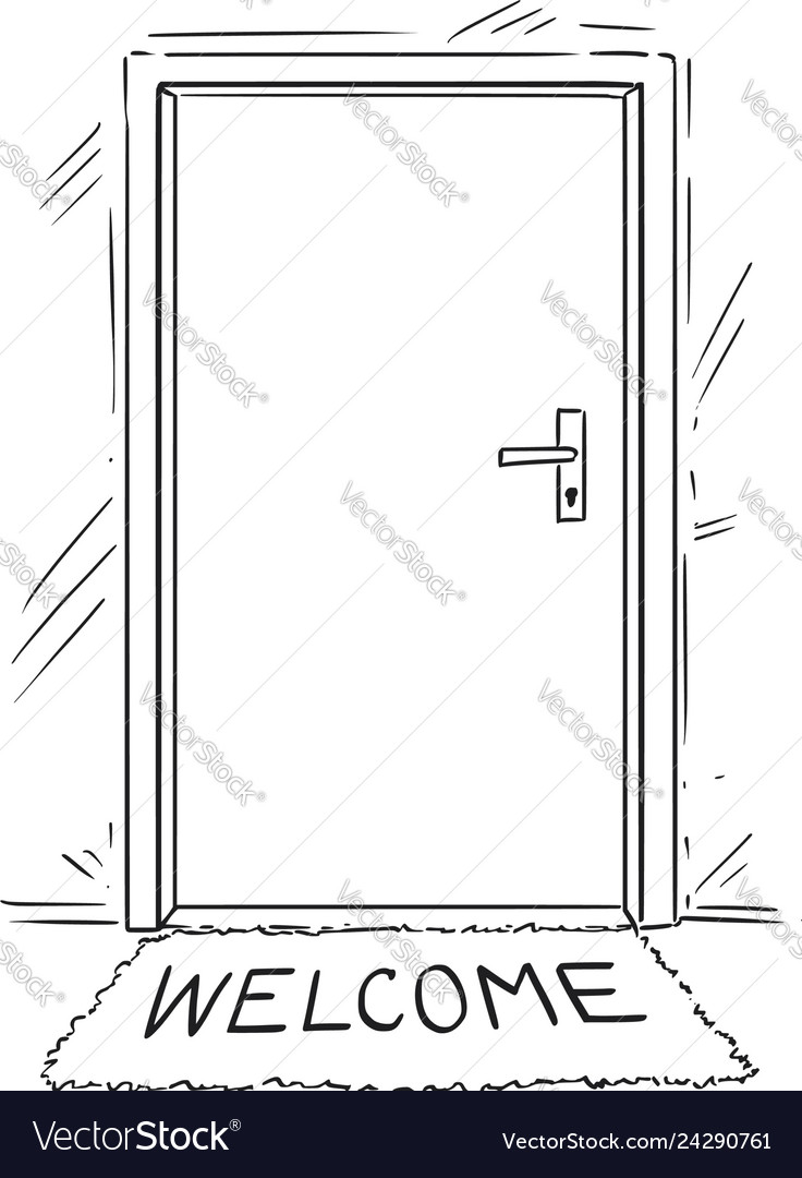 Cartoon Drawing Of Closed Door With Welcome Text Vector Image