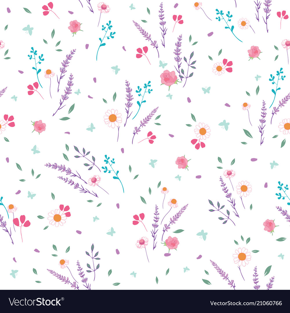 Pink purple roses daisies ditsy seamless pattern vector image Pink purple roses daisies ditsy seamless pattern