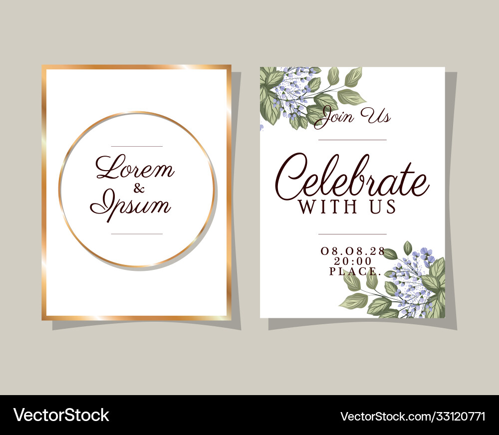 Two wedding invitations with gold frames on gray Vector Image