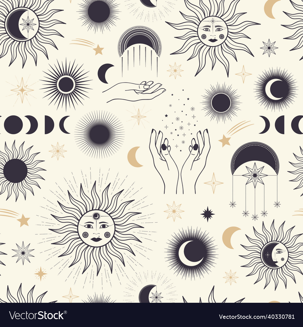 Hand drawn seamless pattern of mystical sun moon Vector Image