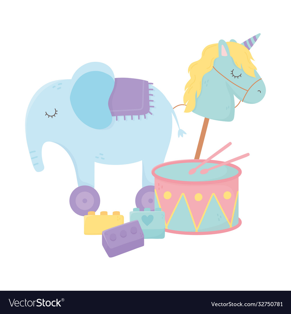 Kids toys elephant drum horse and blocks object Vector Image