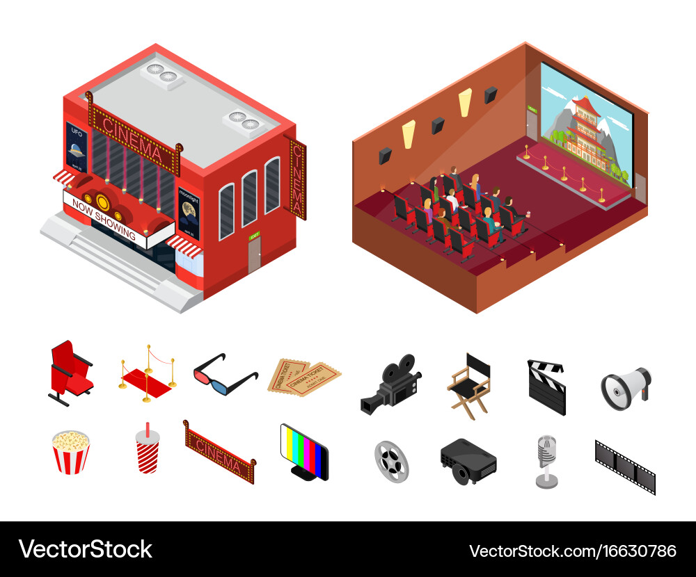 Cinema building isometric view Royalty Free Vector Image