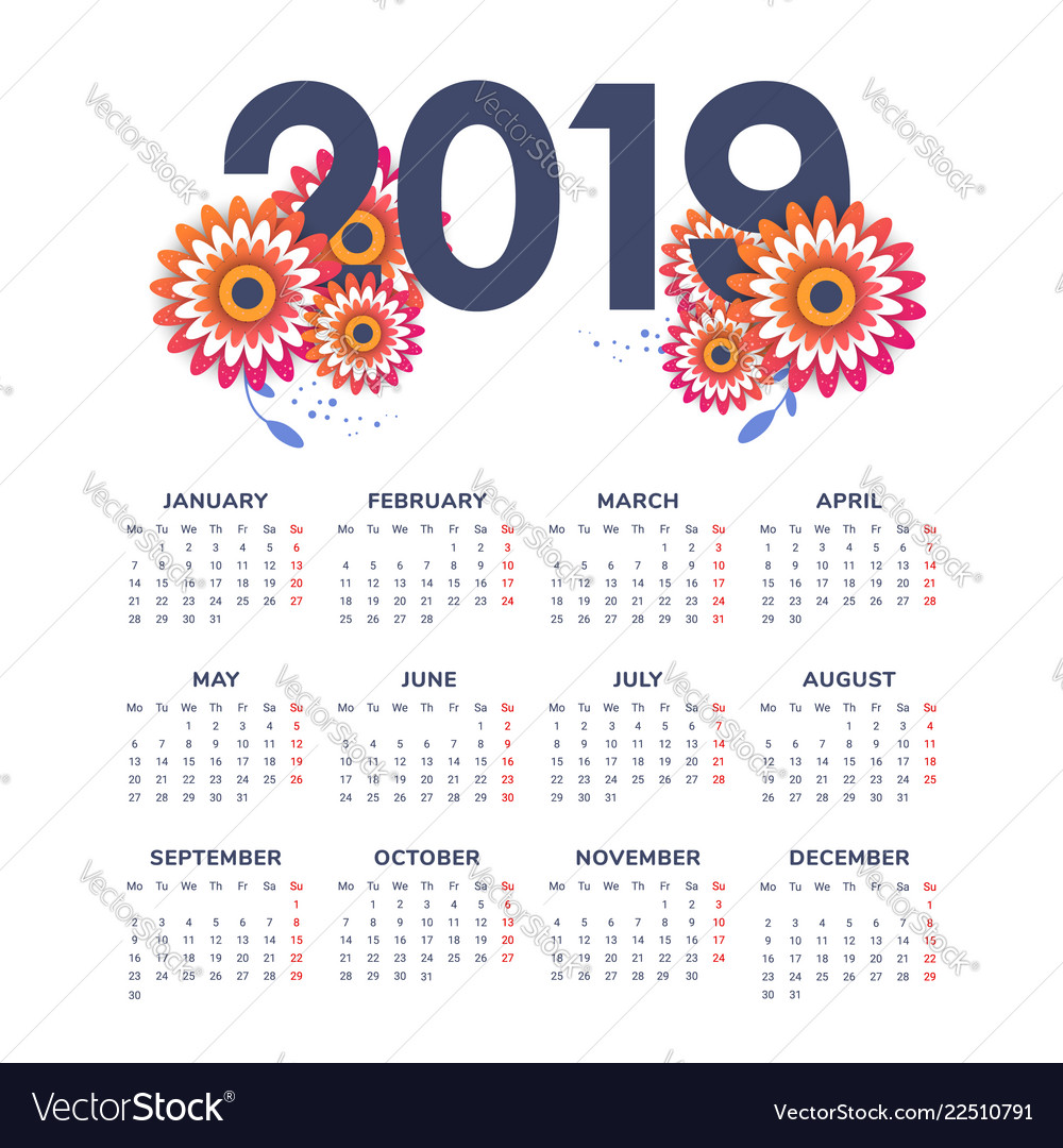 2019 new year calendar with flowers Royalty Free Vector