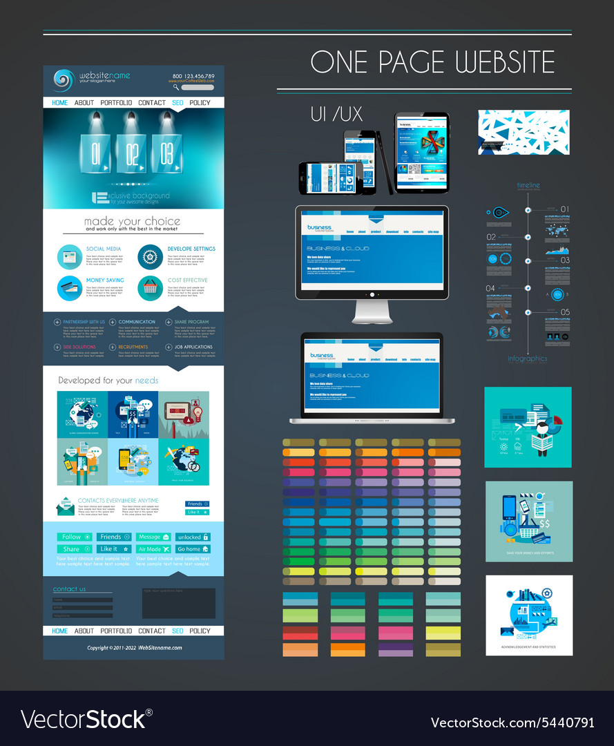 One page website flat  UI  UX  design  template Vector Image