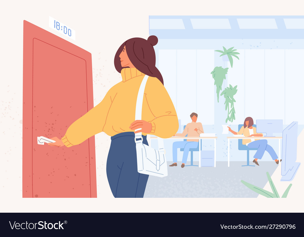 Worker leaving work on time flat Royalty Free Vector Image