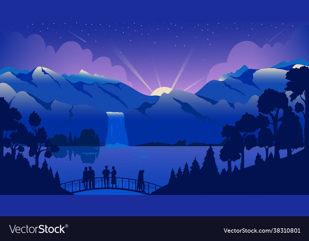 Flat vector night landscape wallpaper with mountain and cabin