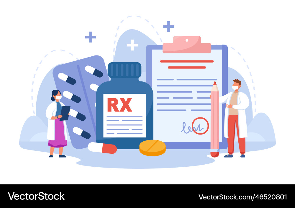 Tiny pharmacists with prescription drugs Vector Image