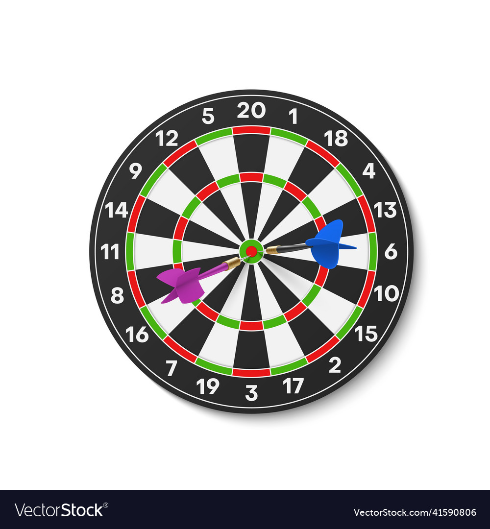 Realistic darts board with arrows in center Vector Image